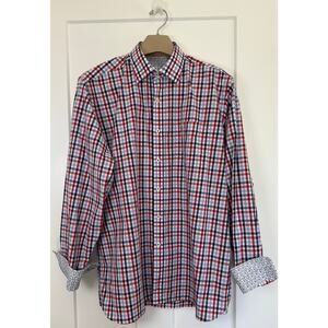 Bugatchi Classic Fit Button Up Shirt Mens Red White Blue Plaid Size LARGE